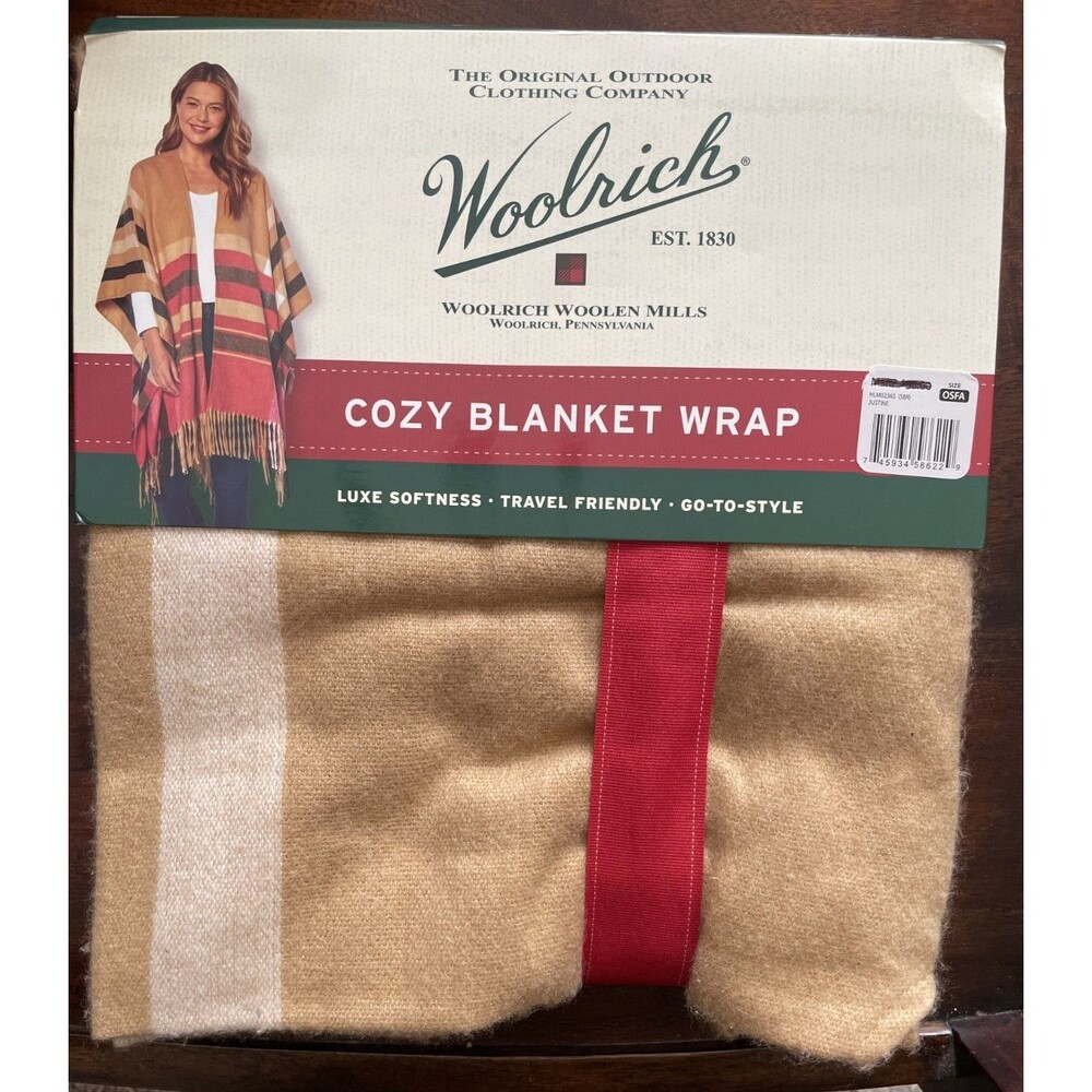 Woolrich Womens Plaid Cozy Blanket Wrap One Size Brown Red Striped Soft Warm NEW